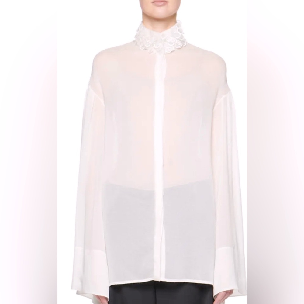 THE ROW Ivory "Sarabee" Embroidered Collar Sheer Organza Button-Front Shirt XL